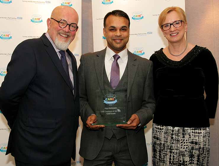 Dr Raja Mukherjee with Dr Ian McPherson, SABP Chairman, and Fiona Edwards, SABP CEO